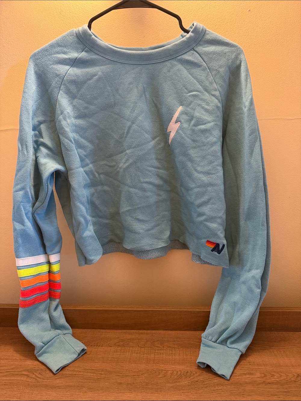 Aviator Nation cropped light Blue Lightning sweatshirt size small